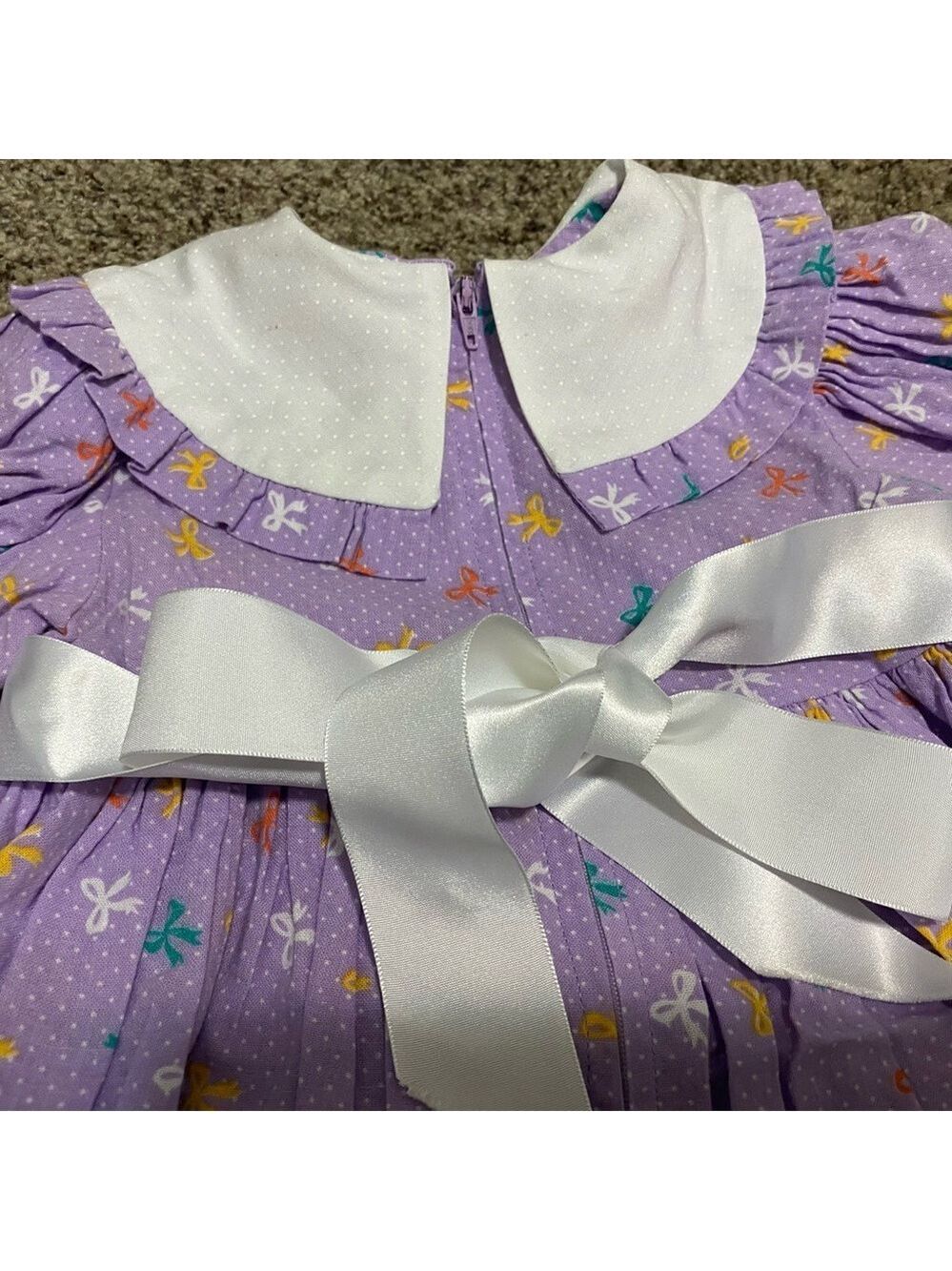 Vintage Toddler Girl Cotton Dress 80s 90s Purple Polka Dot Bows Ribbon Tie - Picture 7 of 11
